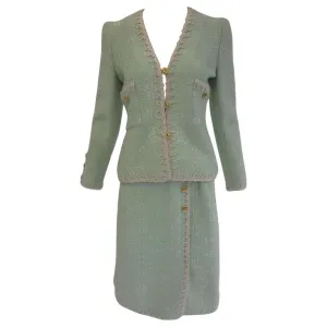 1970s Adolfo Mint Green Wool Knit Skirt and Jacket