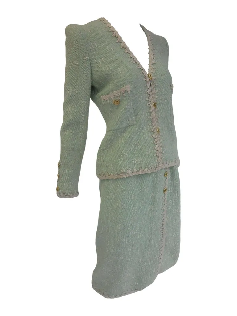 1970s Adolfo Mint Green Wool Knit Skirt and Jacket