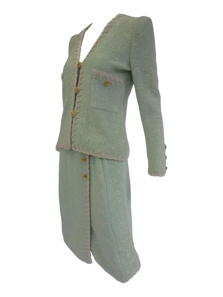 1970s Adolfo Mint Green Wool Knit Skirt and Jacket