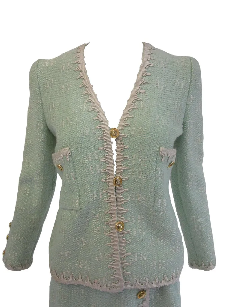 1970s Adolfo Mint Green Wool Knit Skirt and Jacket