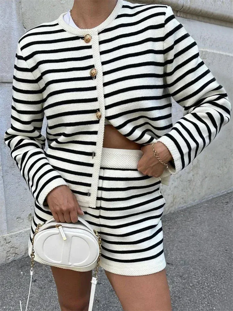 A&A Striped Knit Cardigan & Shorts Two Piece Set