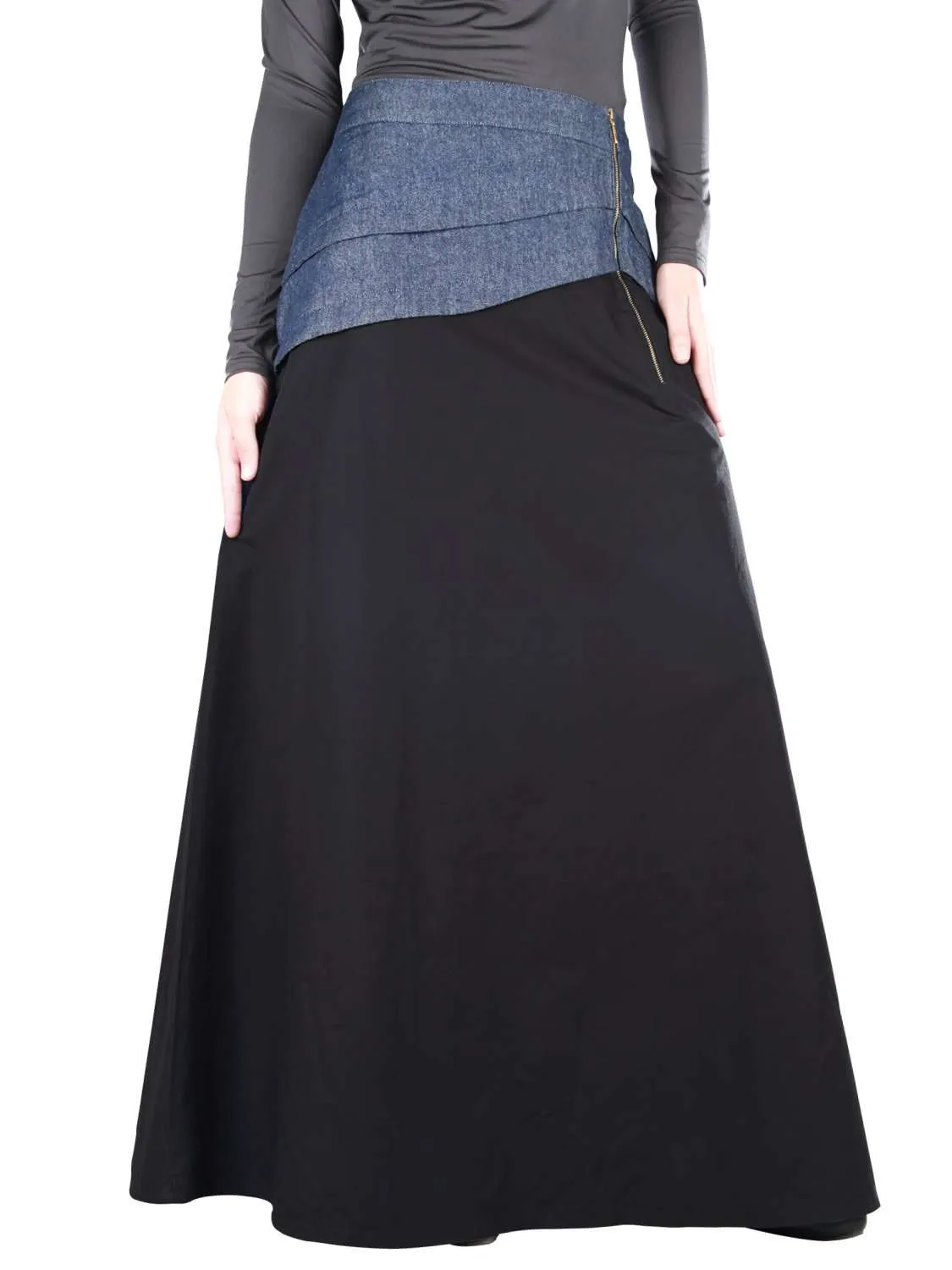 Aziz Black Cotton Denim Skirt