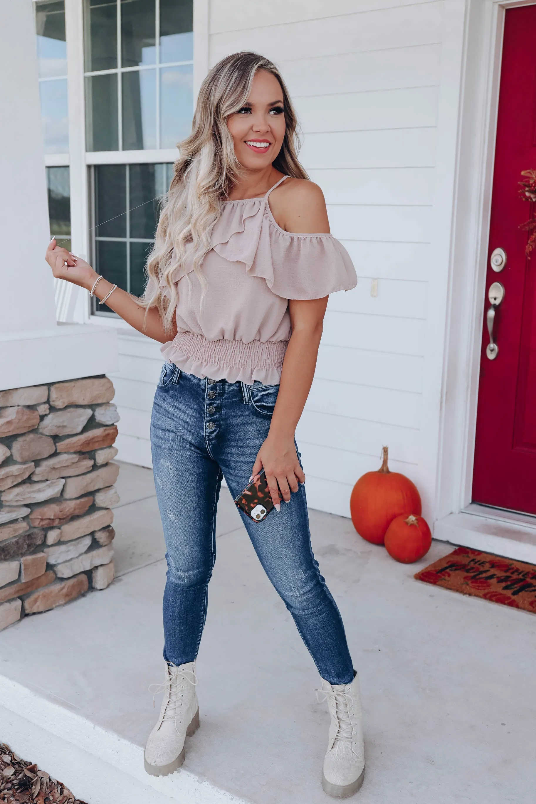 Britney Cropped Cold Shoulder Top - Mocha