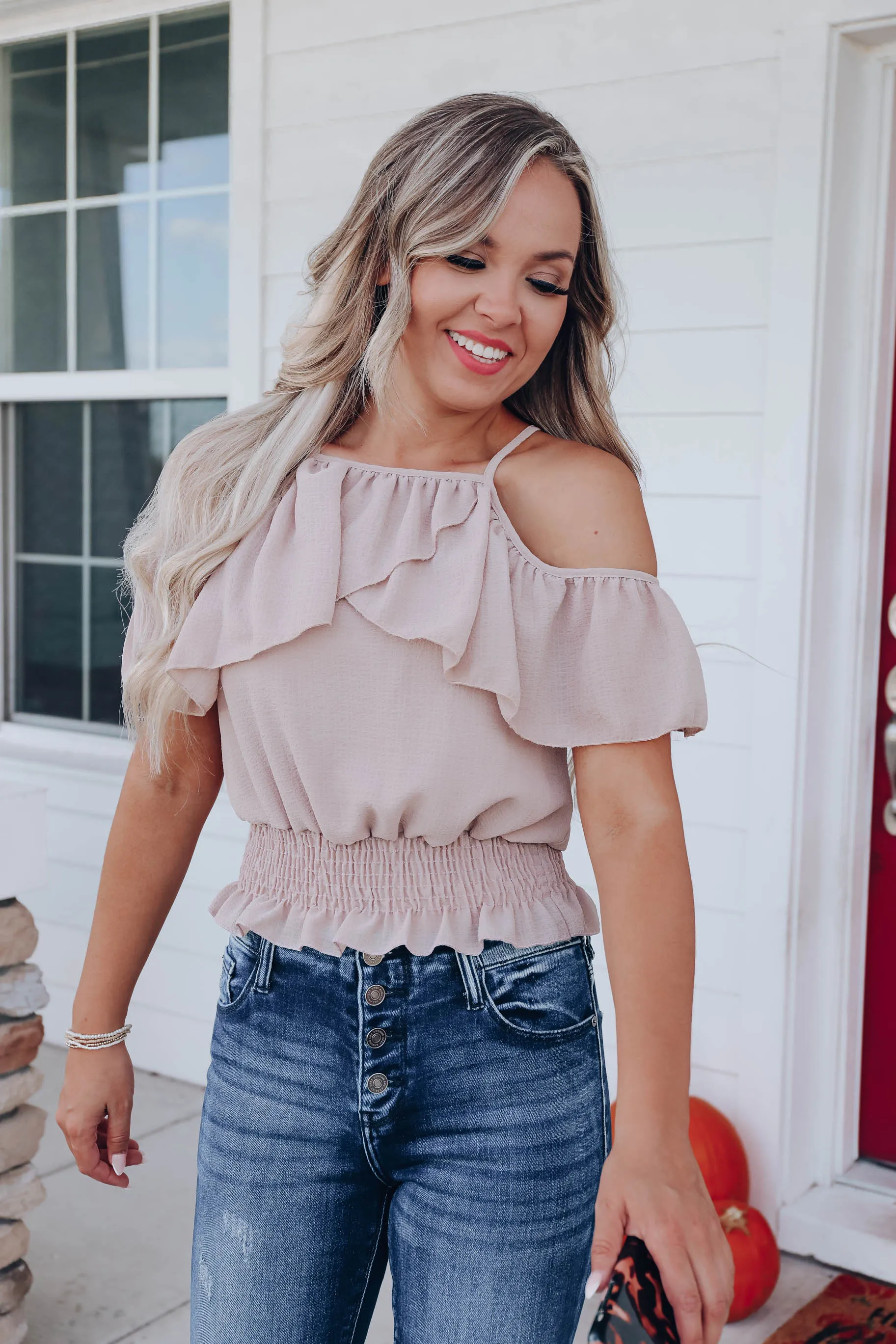 Britney Cropped Cold Shoulder Top - Mocha