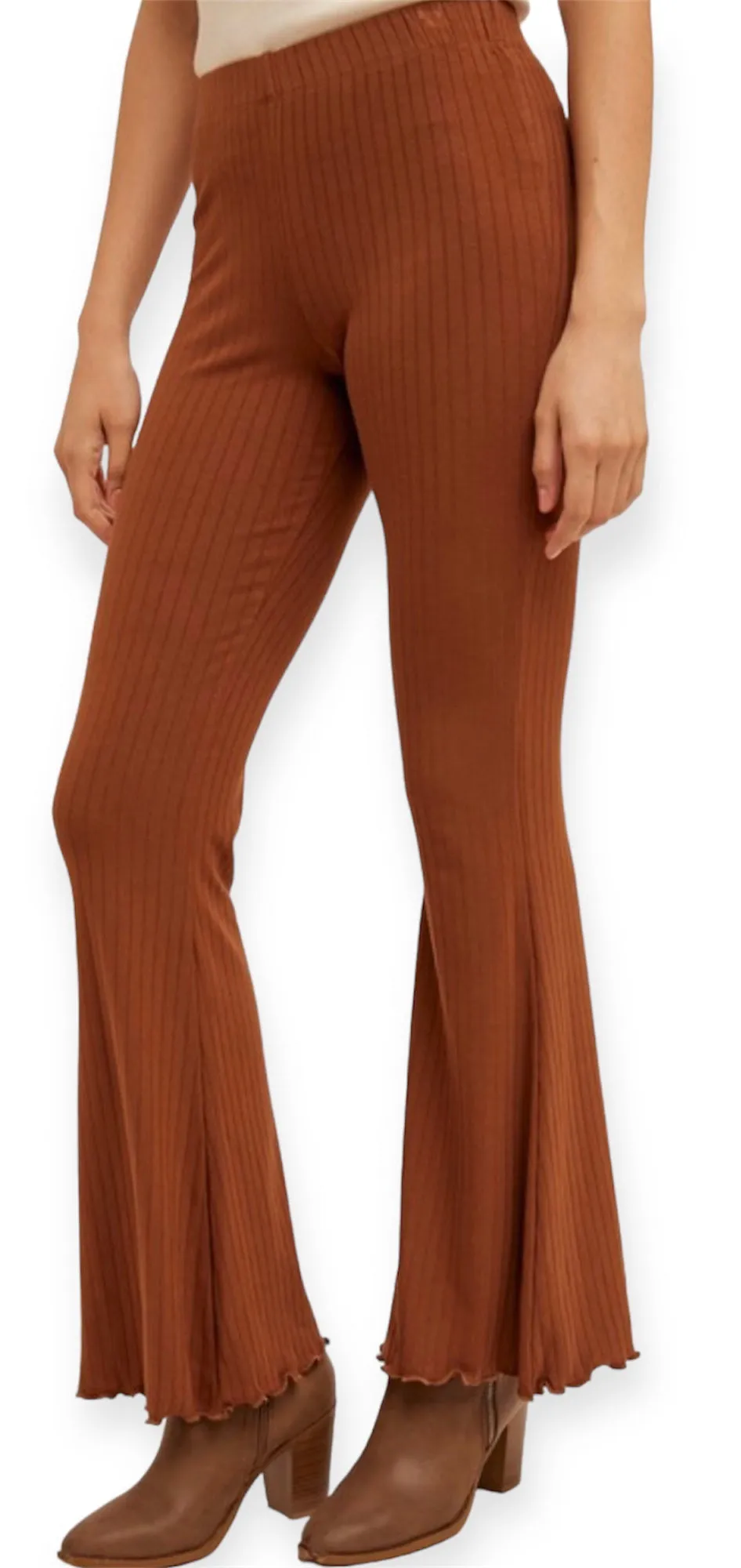 Camel Ribbed Knit Flare Pants