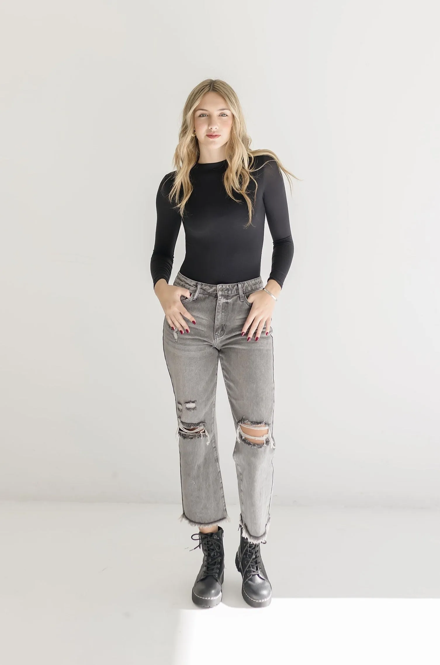 Caroline High Rise Distressed Jeans Grey