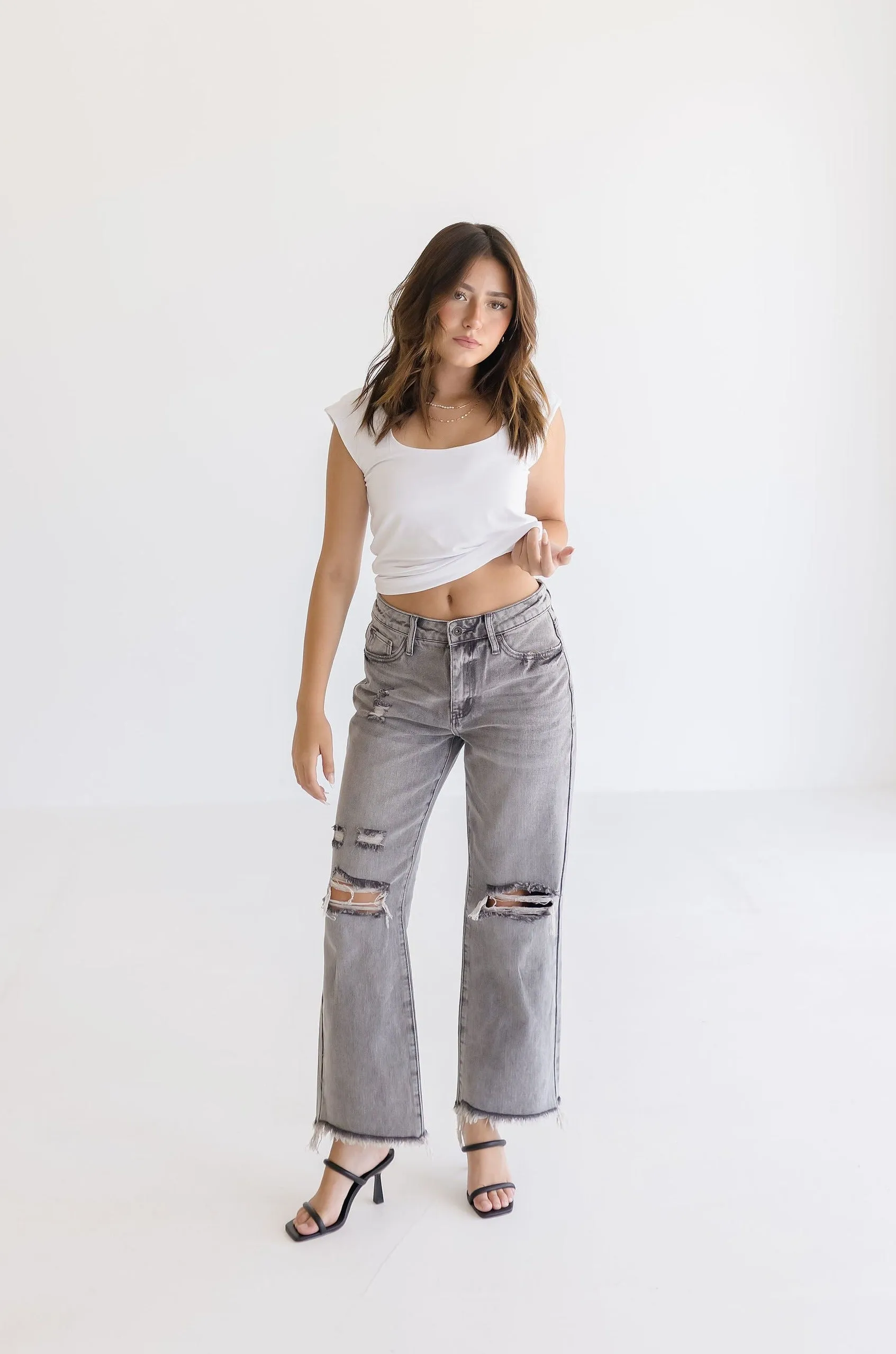 Caroline High Rise Distressed Jeans Grey