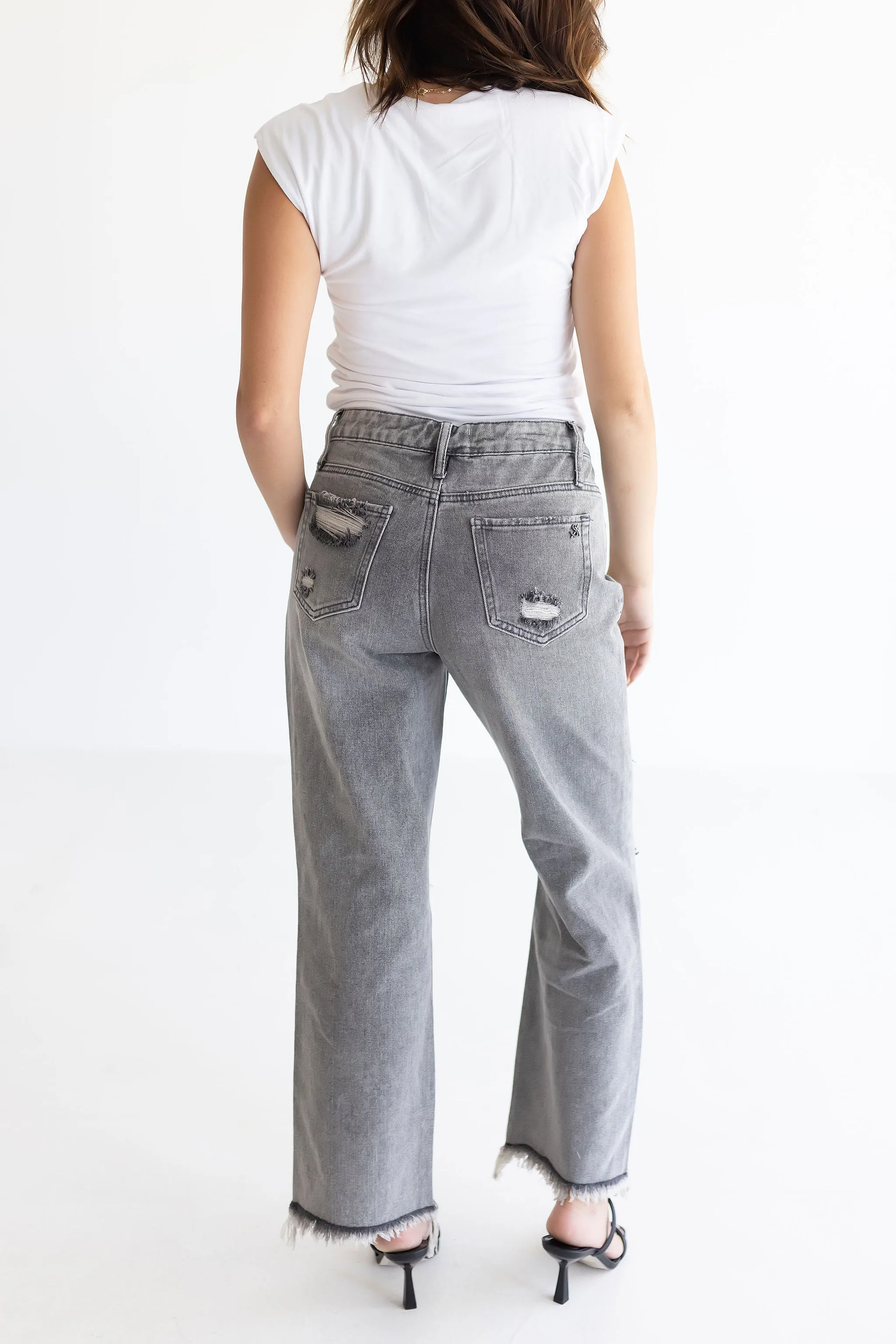 Caroline High Rise Distressed Jeans Grey