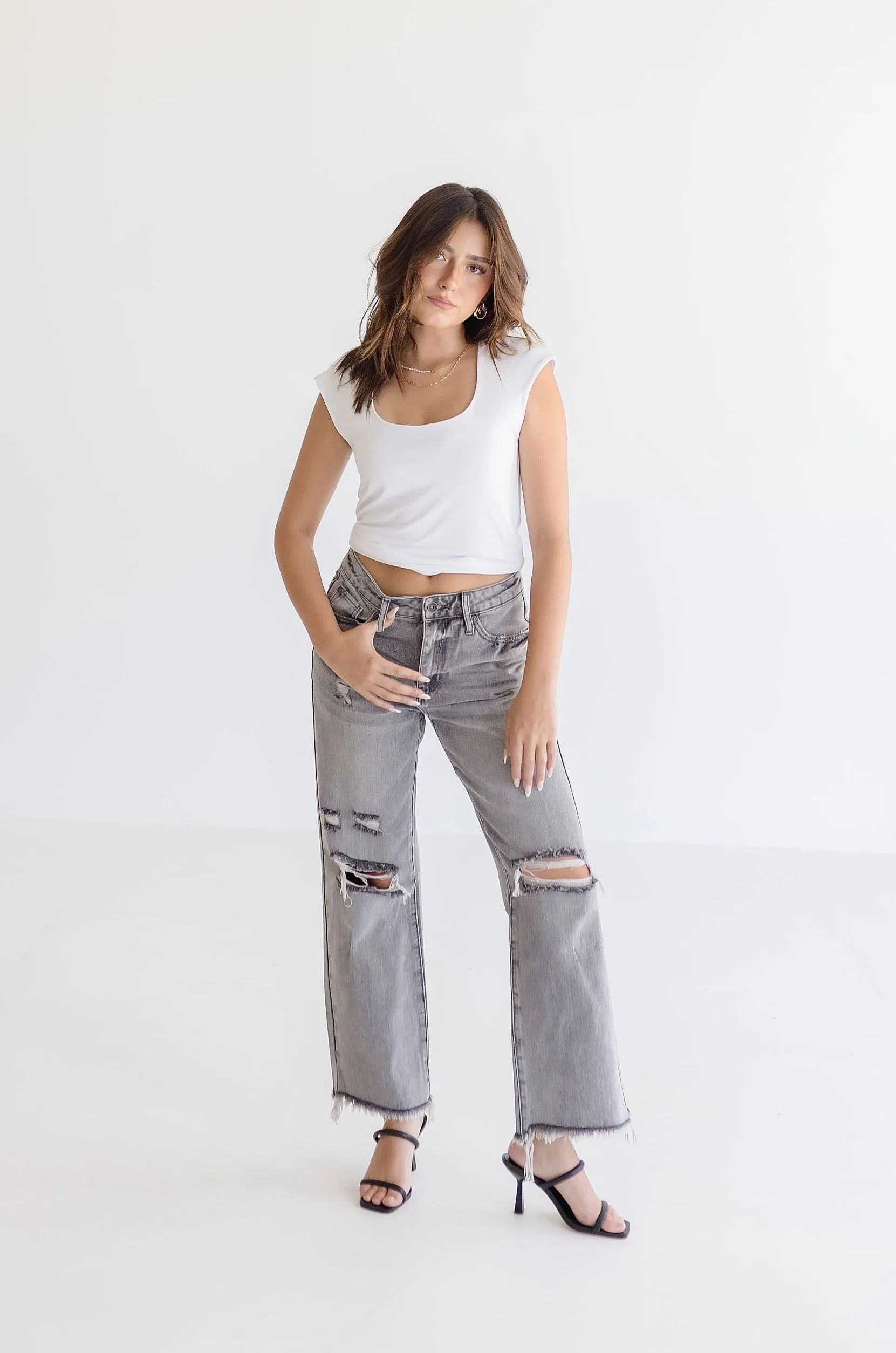 Caroline High Rise Distressed Jeans Grey