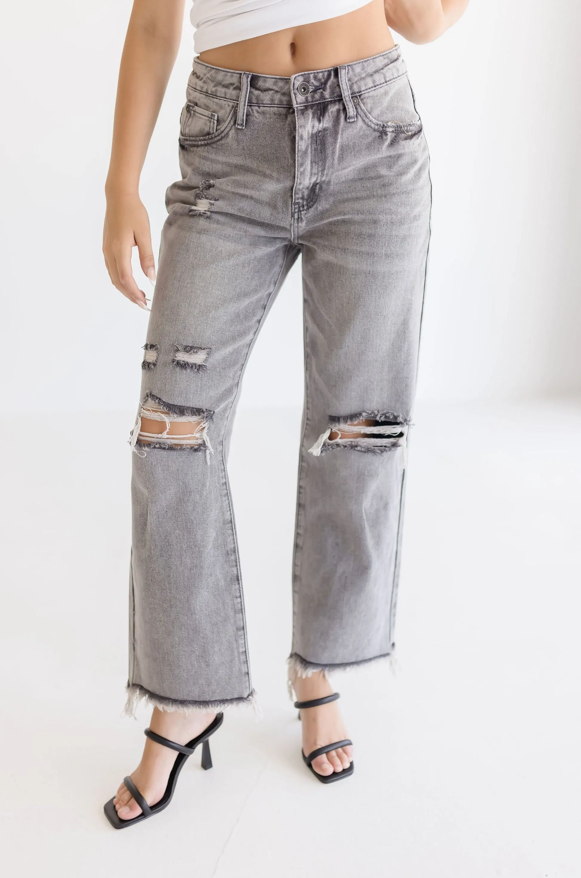 Caroline High Rise Distressed Jeans Grey