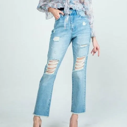 Distressed High Rise Mom Jeans