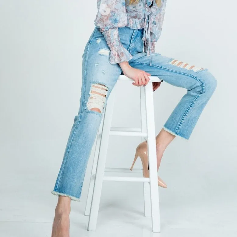 Distressed High Rise Mom Jeans