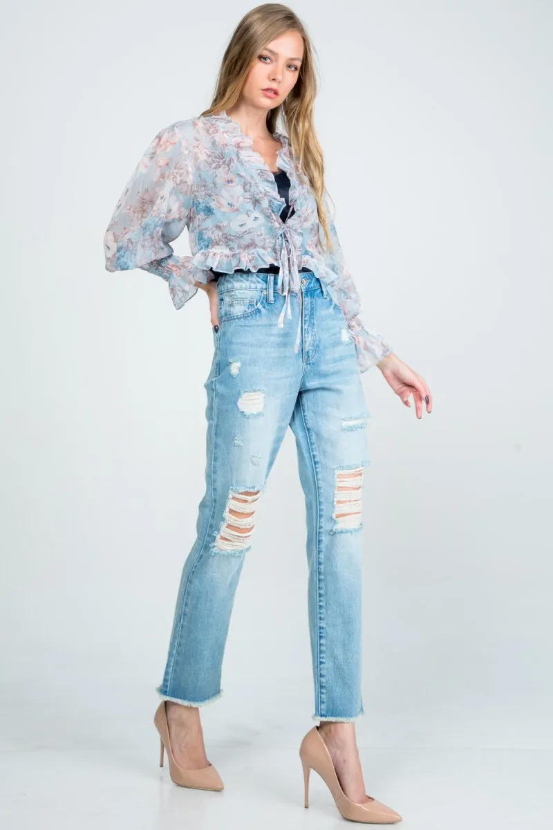 Distressed High Rise Mom Jeans