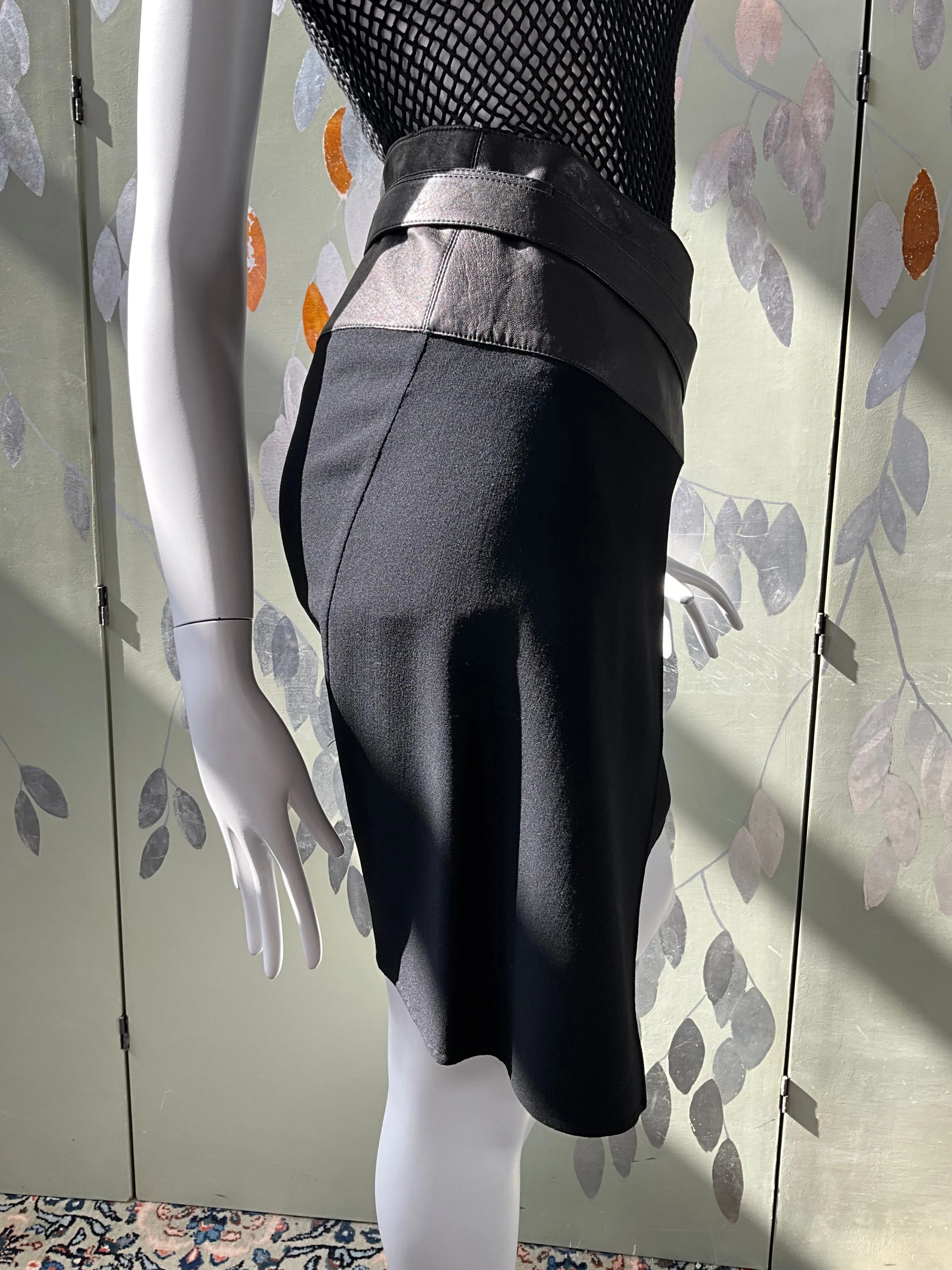 Donna Karan Black Asymmetrical Wool Skirt with Leather Waist and Belt