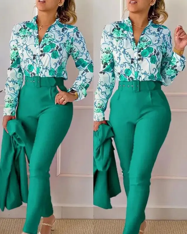 Elegant V-neck Floral Pants Set