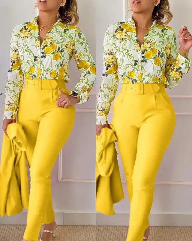 Elegant V-neck Floral Pants Set