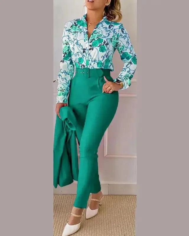 Elegant V-neck Floral Pants Set