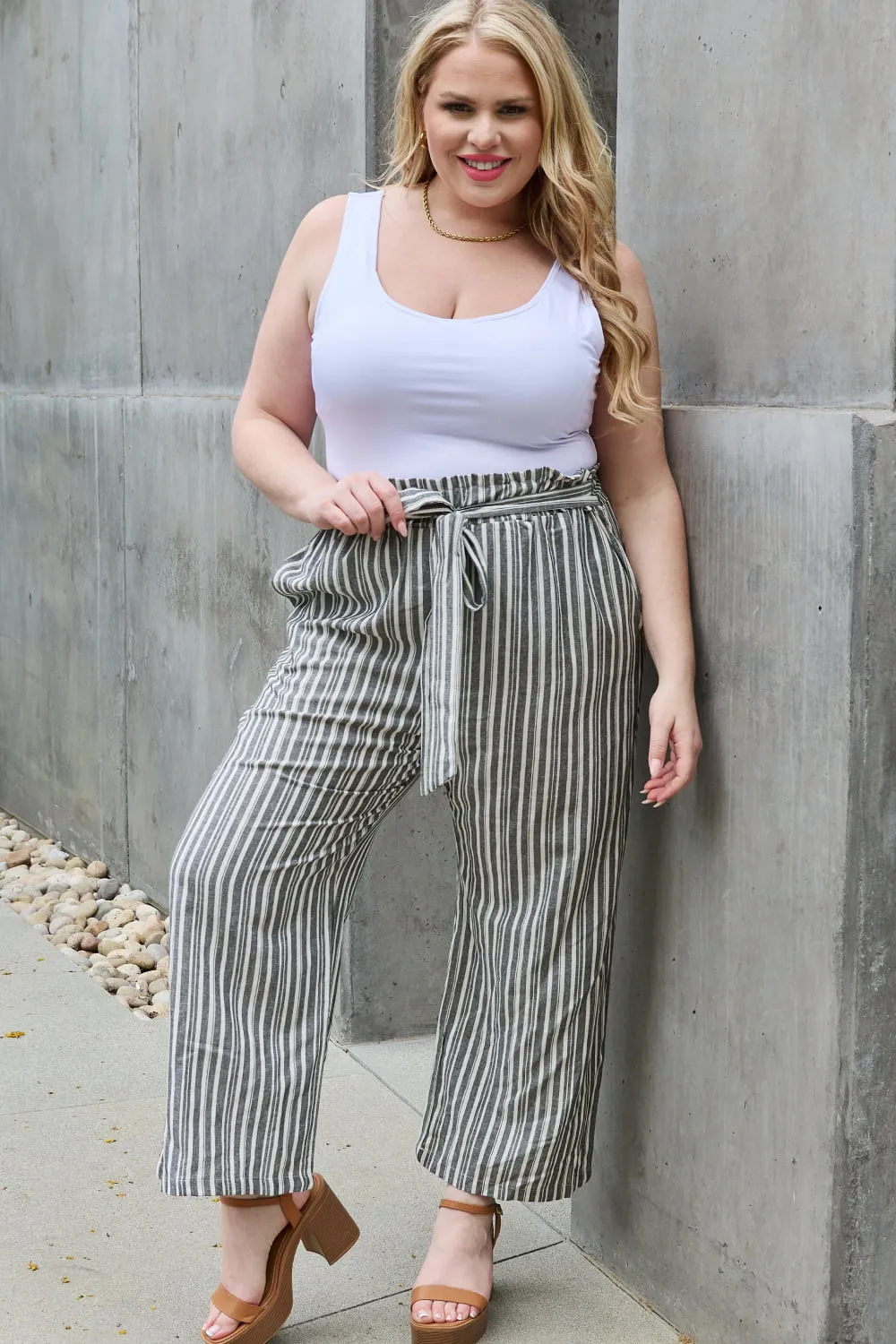 Find Your Path Full Size Paperbag Waist Striped Culotte Pants