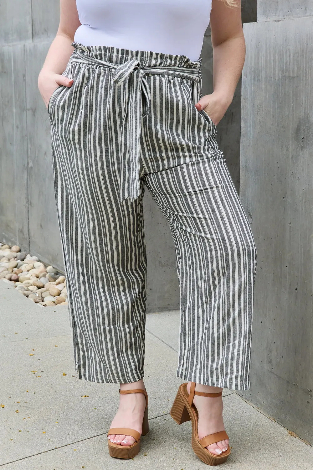 Find Your Path Full Size Paperbag Waist Striped Culotte Pants