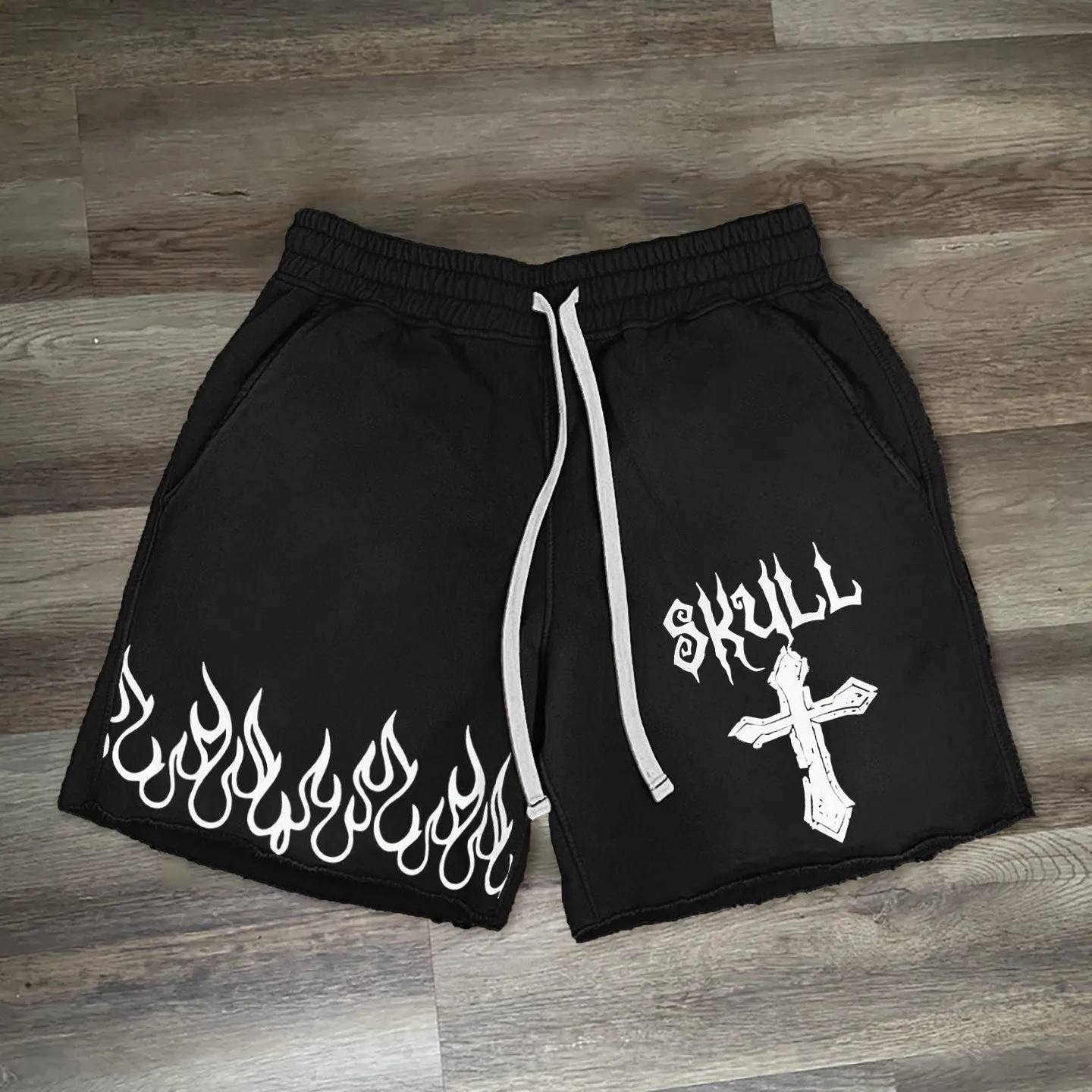 Flame Cross Print Drawstring Knit Shorts