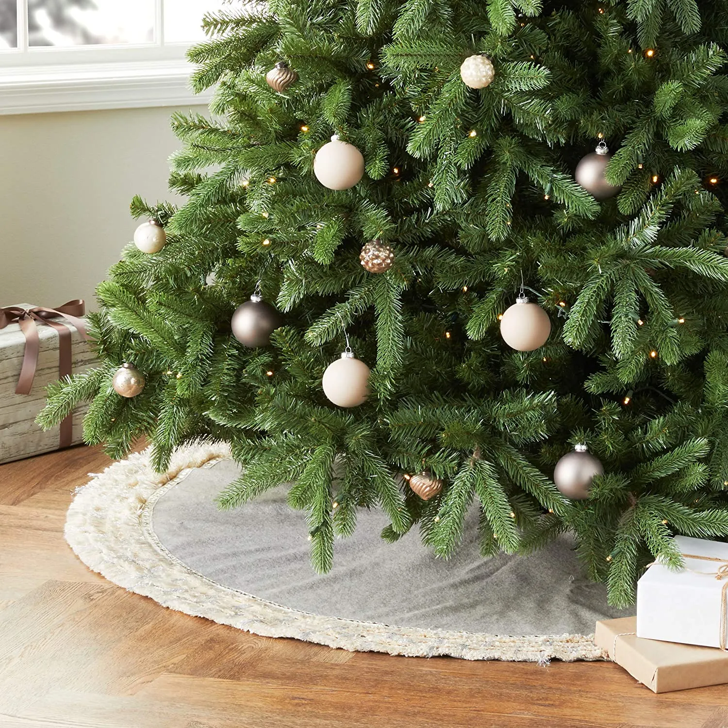 Handmade Christmas Tree Skirt in Recycled Wool - Gray with Fringe Border - 60"