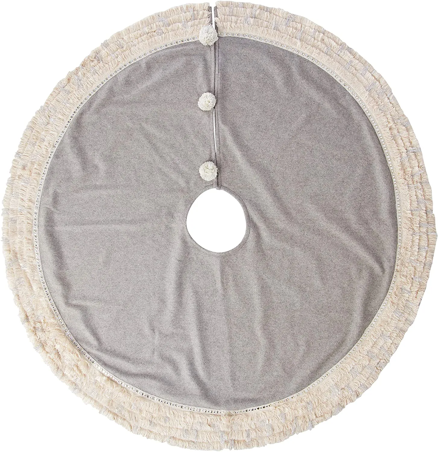 Handmade Christmas Tree Skirt in Recycled Wool - Gray with Fringe Border - 60"