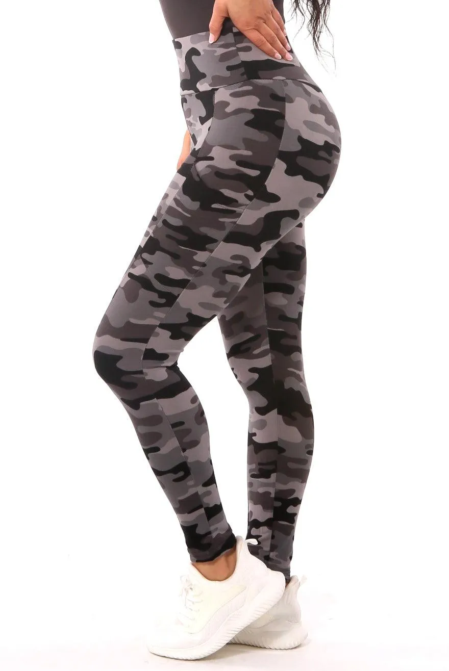 High Waist Fleece Lined Leggings With Side Pockets - Black & Gray Camo