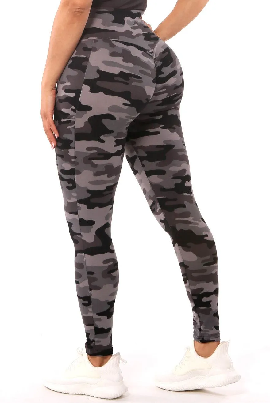 High Waist Fleece Lined Leggings With Side Pockets - Black & Gray Camo