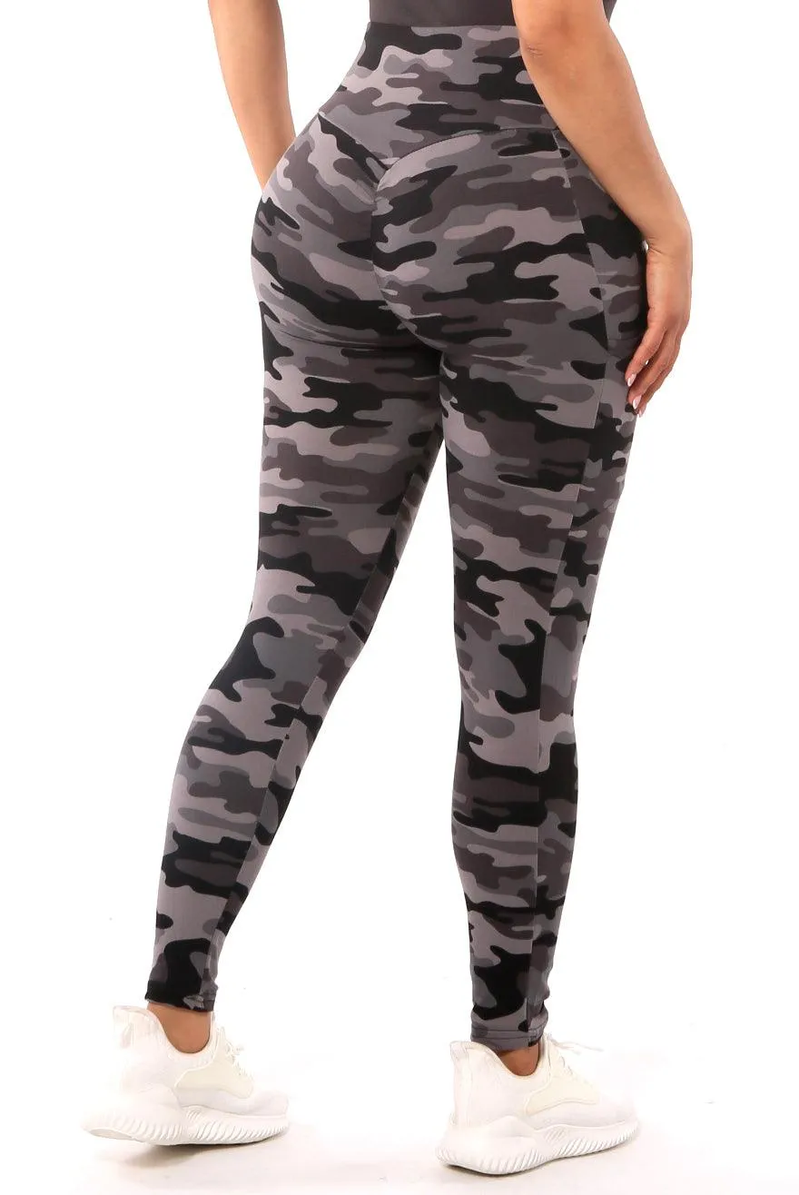 High Waist Fleece Lined Leggings With Side Pockets - Black & Gray Camo