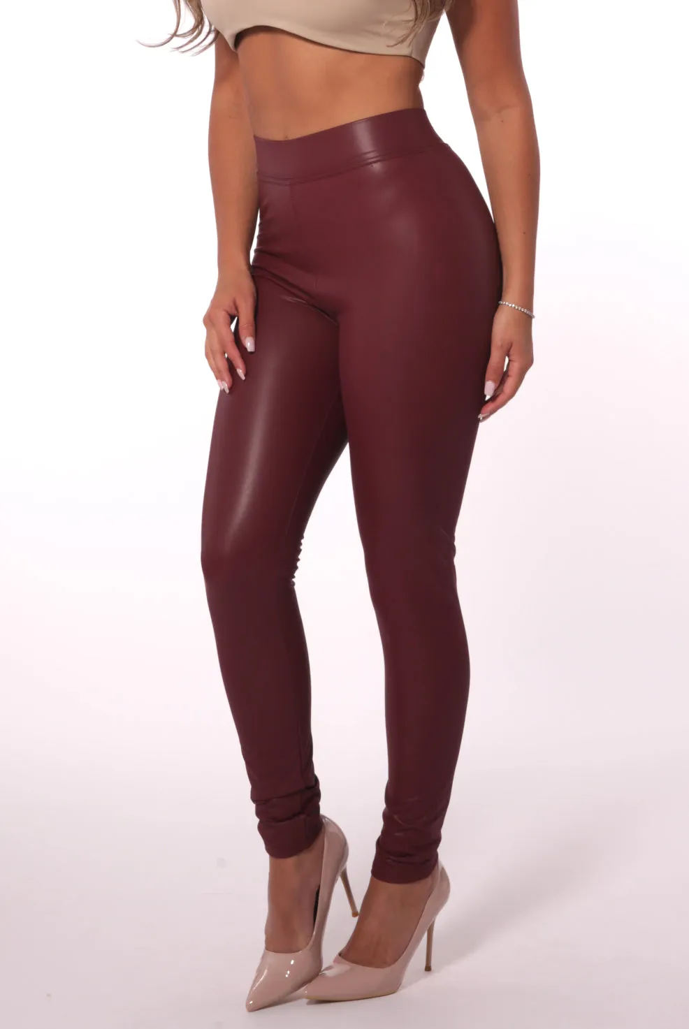 High Waist PU Faux Leather Leggings - Burgundy