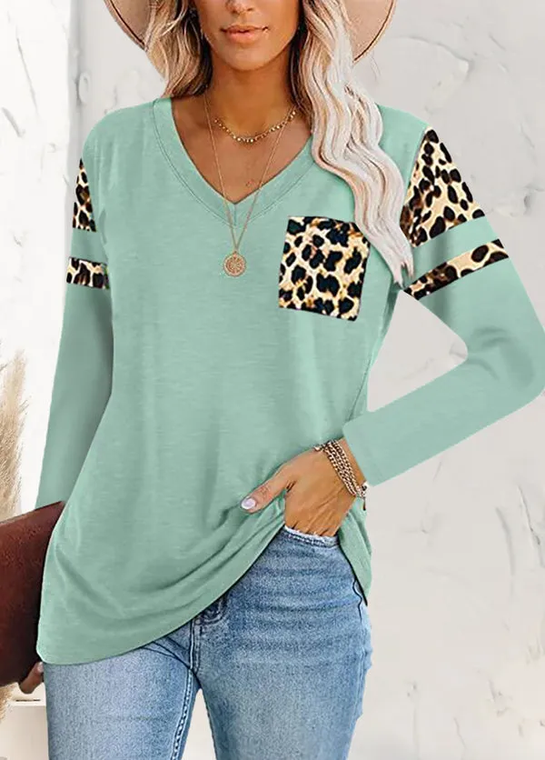 Leopard Print Pocket V-Neck Top