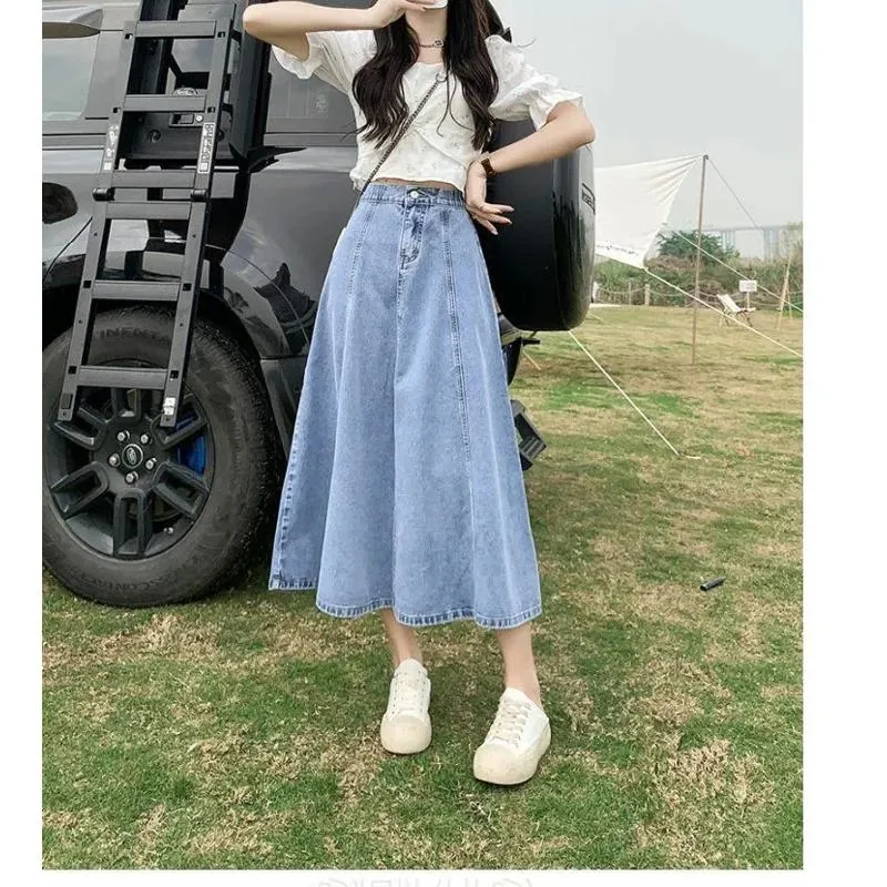 Midi A-Line High-Waisted Draping Full Skirt Denim Skirt