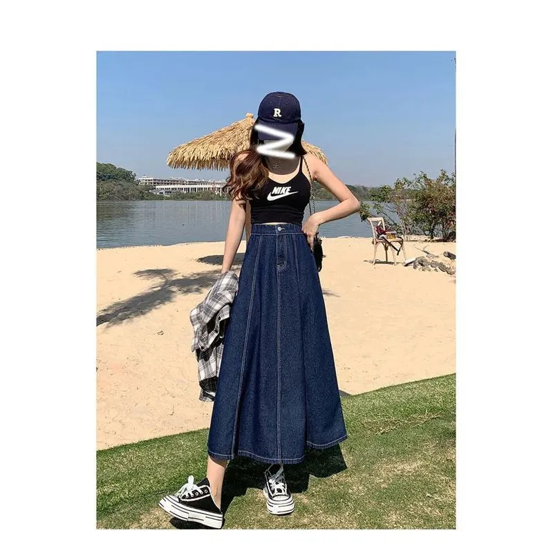 Midi A-Line High-Waisted Draping Full Skirt Denim Skirt