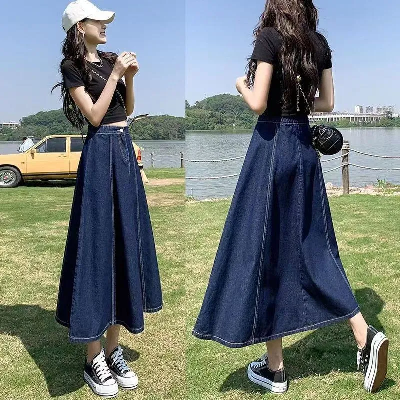 Midi A-Line High-Waisted Draping Full Skirt Denim Skirt