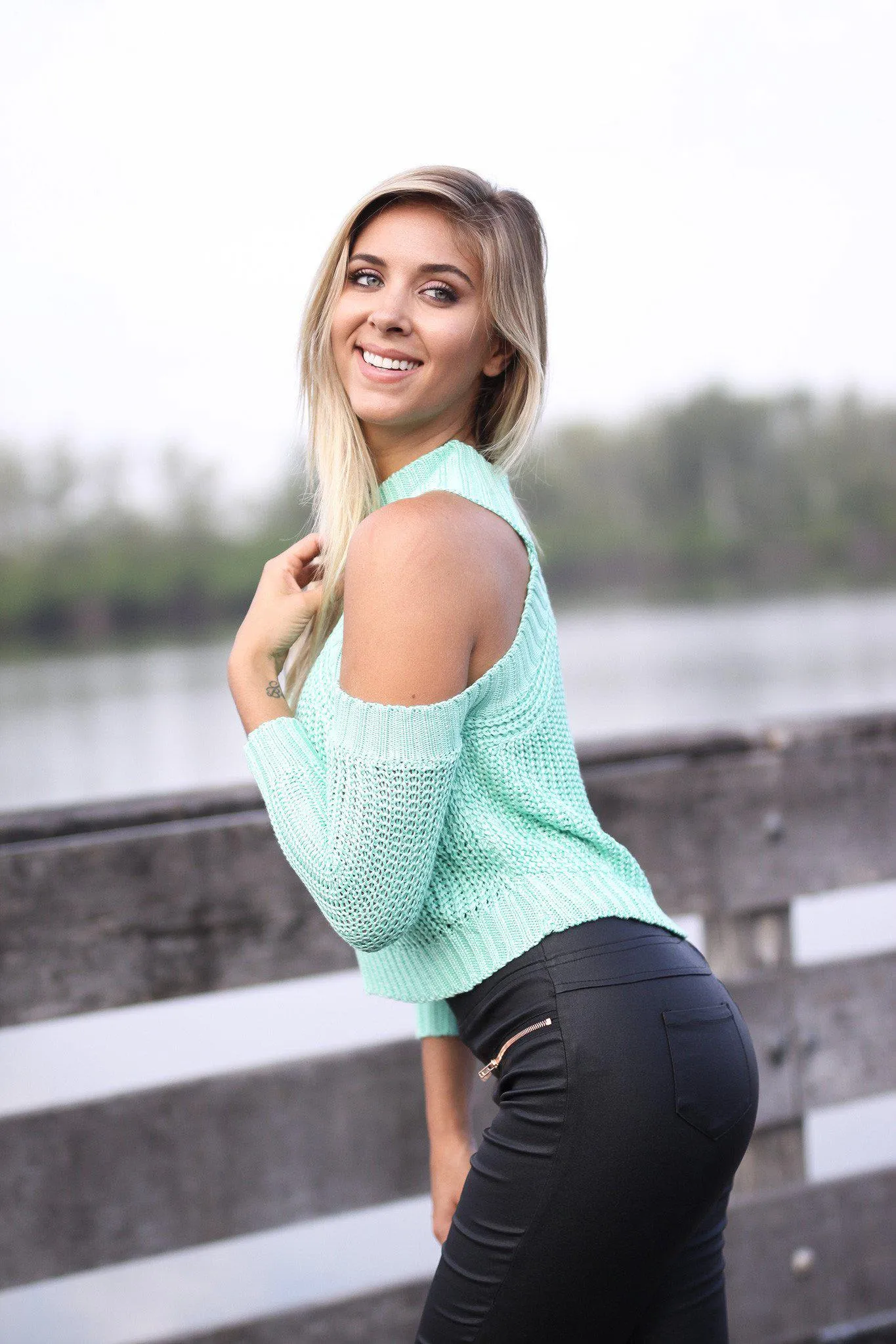 Mint Cropped Cold Shoulder Sweater