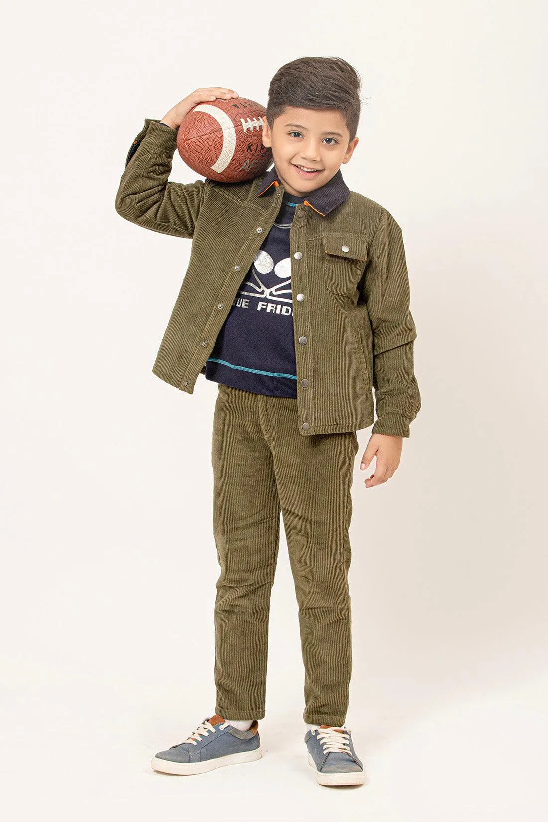 One Friday Varsity Chic Corduroy Green Trousers for Boys