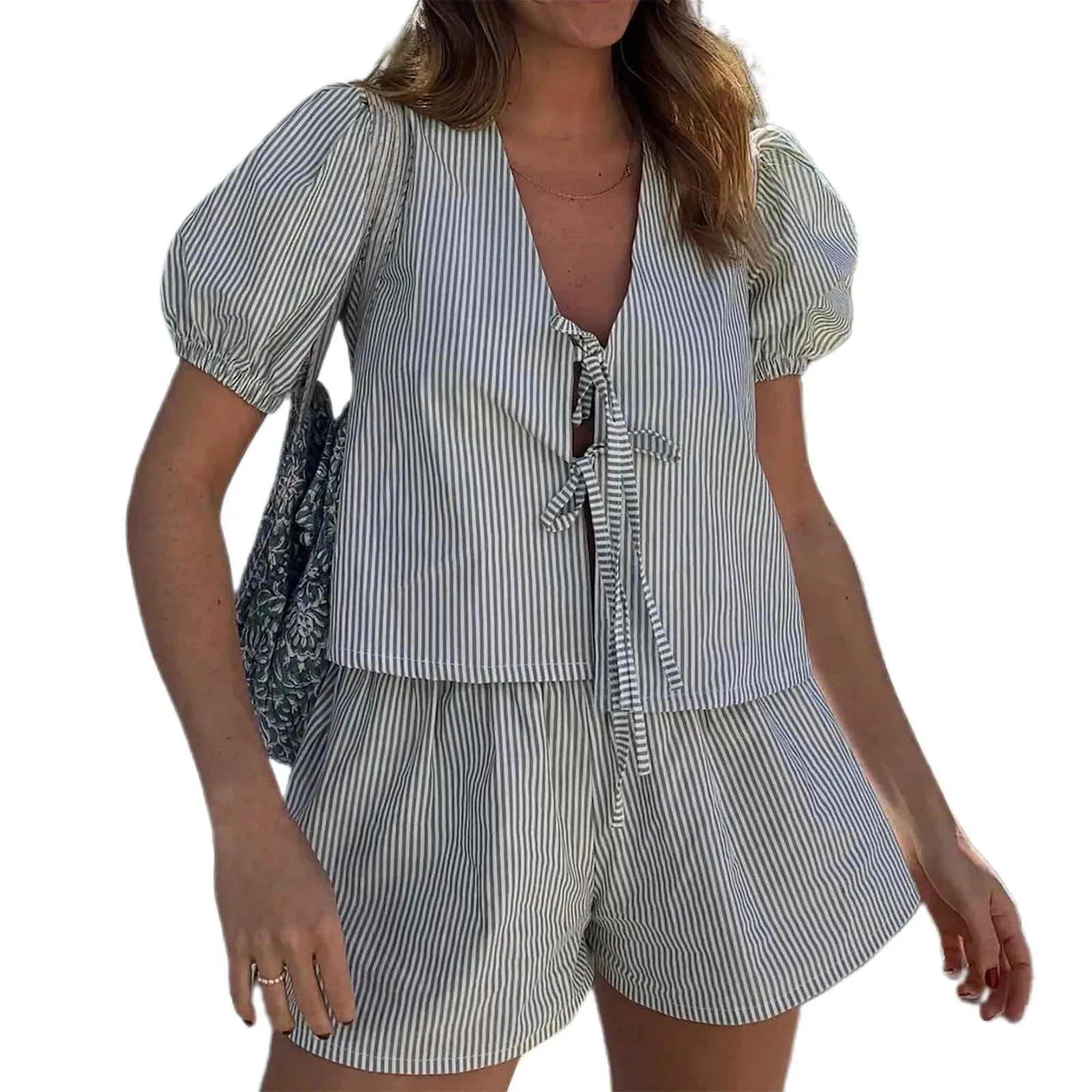 Plaid Puff Short Sleeve Tie-Up Plaid Summer Loungewear Homewear Cute Pajamas