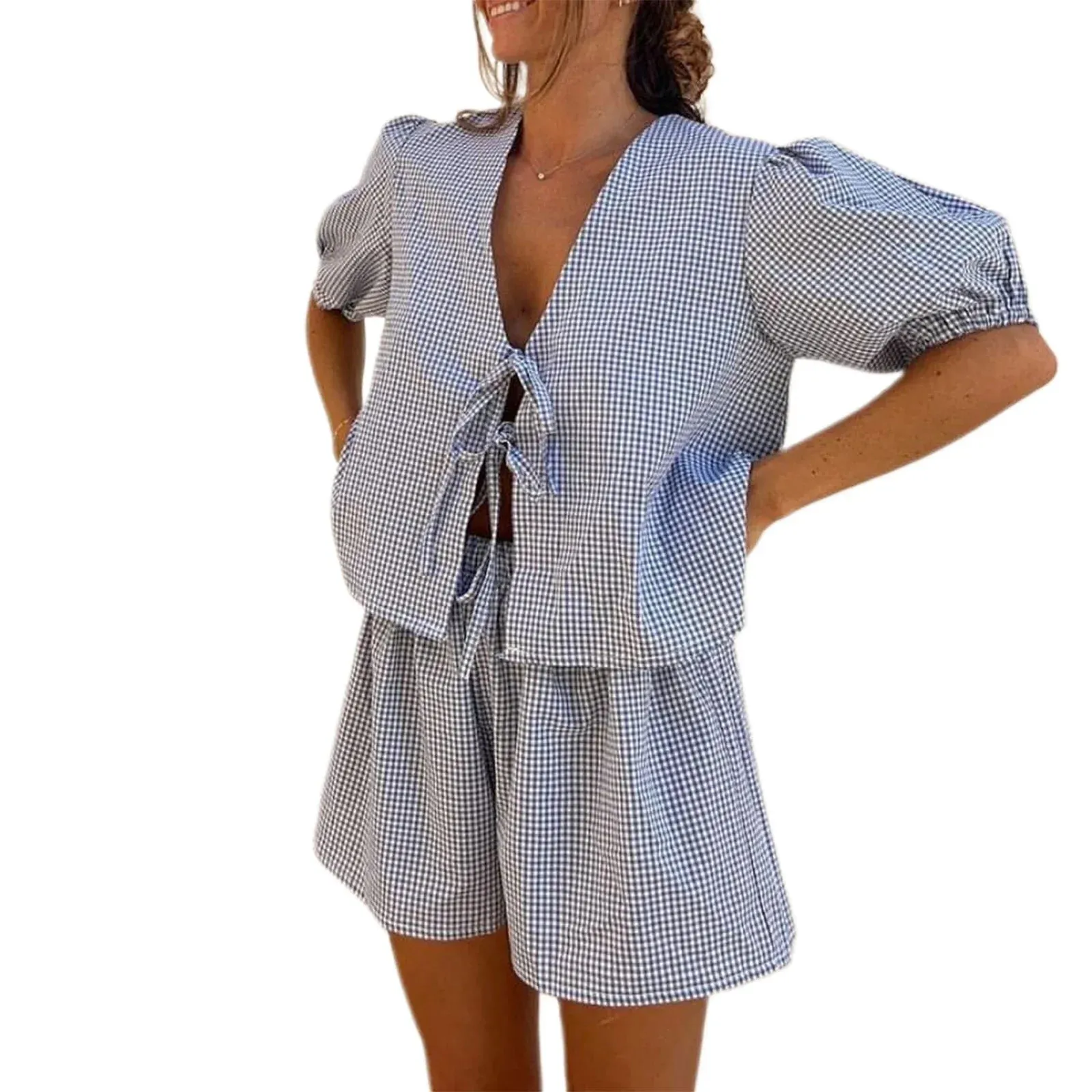 Plaid Puff Short Sleeve Tie-Up Plaid Summer Loungewear Homewear Cute Pajamas