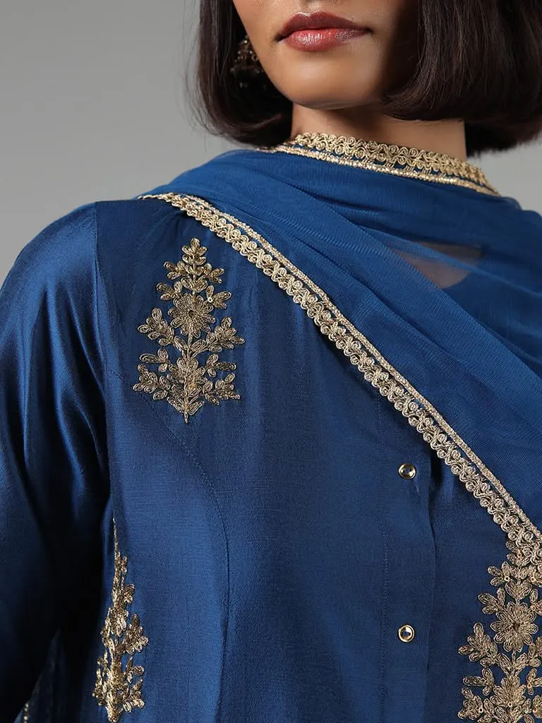 Vark Indigo Zari Embroidered Kurta, Pants & Dupatta Set