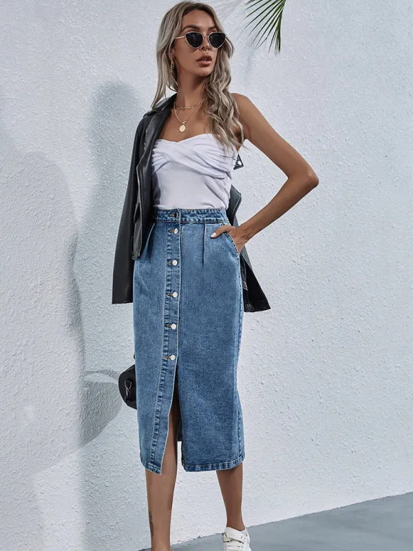 Women's Fashion High Waist Single Breasted Denim Skirt