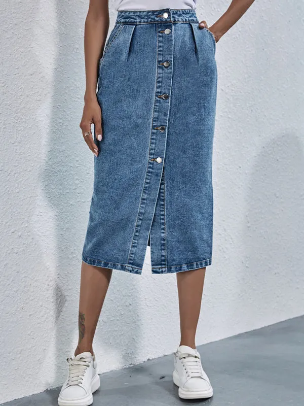 Women's Fashion High Waist Single Breasted Denim Skirt