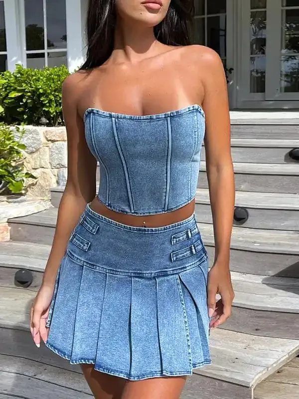 Women’s tube top and sleeveless hottie sexy exposed navel high waist slit skirt denim suit