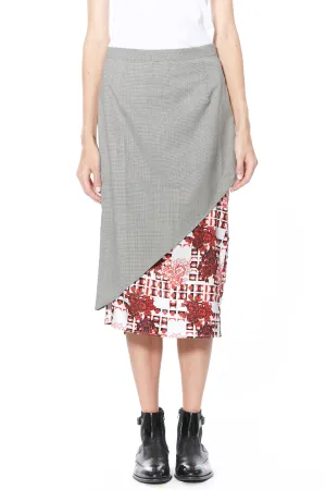 Wool and Print Silk Lining Midi Skirt