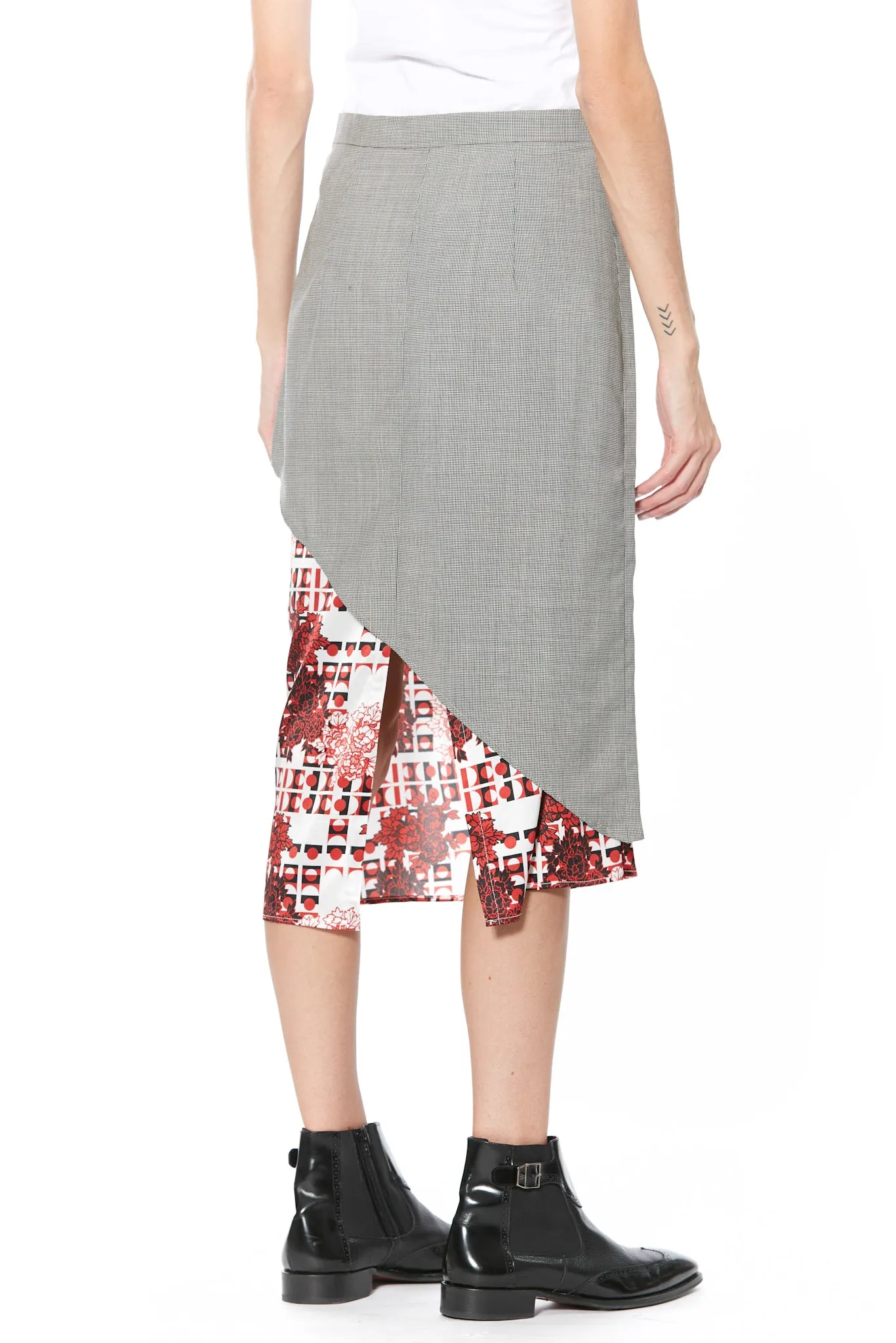 Wool and Print Silk Lining Midi Skirt