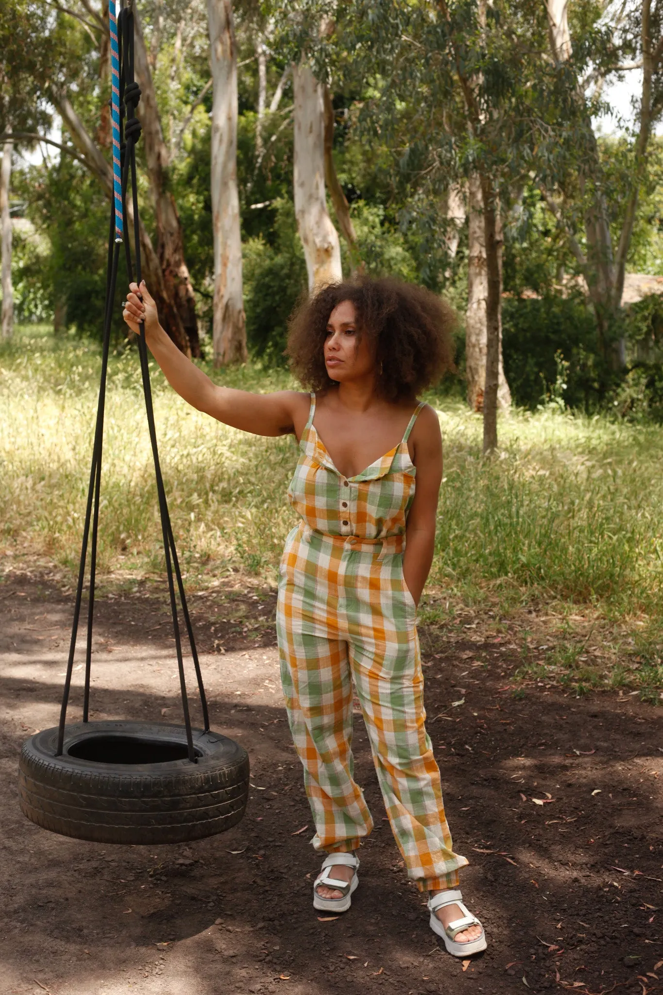 Yellow Green Gingham Jogger Jeans